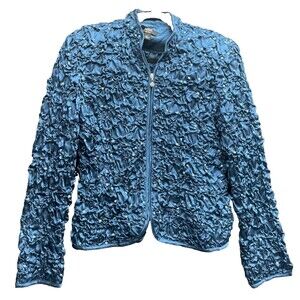 MSK Women's Sequined Sweater Stretch Long Sleeve Blue Petite Size Small Zip